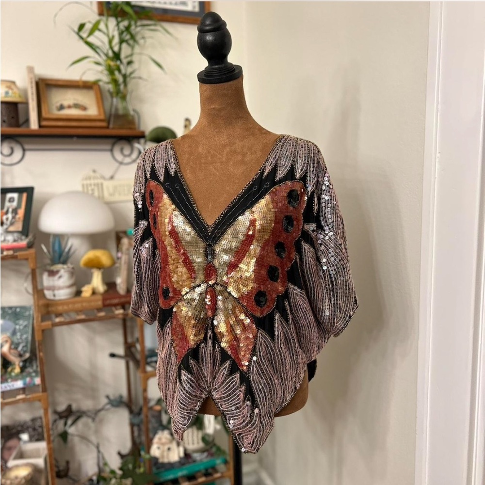 St. Honoré silk butterfly top covered in sequins & beads